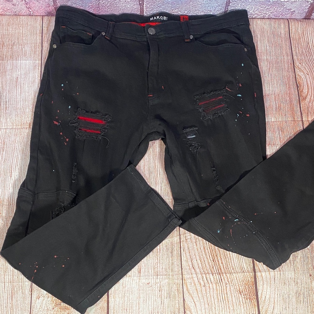 Makobi Distressed Paint Splatter Black Jeans Men’s 40x32 Streetwear Denim - Picture 12 of 13